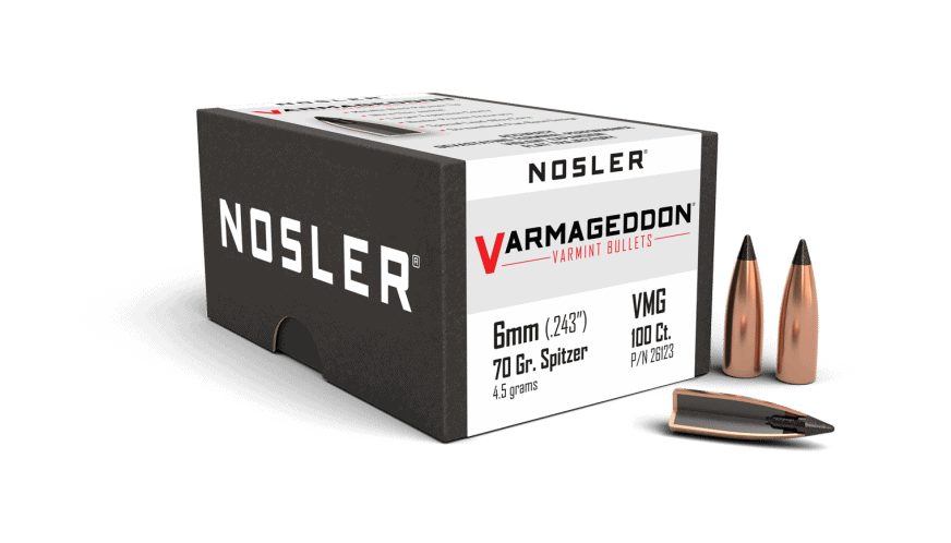 Featured image for “Nosler 243 Cal 6mm 70gr FB Tipped Varmageddon (100ct)”