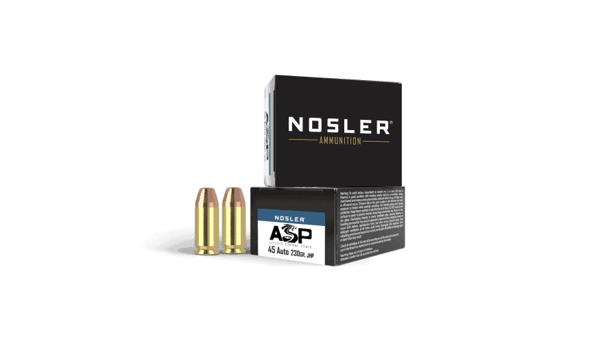 Featured image for “Nosler 45 ACP 230gr JHP ASP Handgun Ammunition (20ct)”