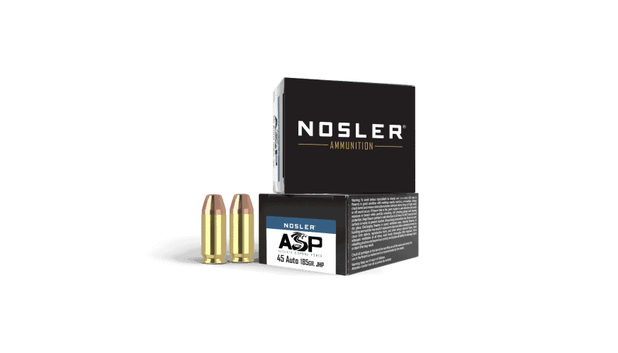 Featured image for “Nosler 45 ACP 185gr JHP ASP Handgun Ammunition (20ct)”