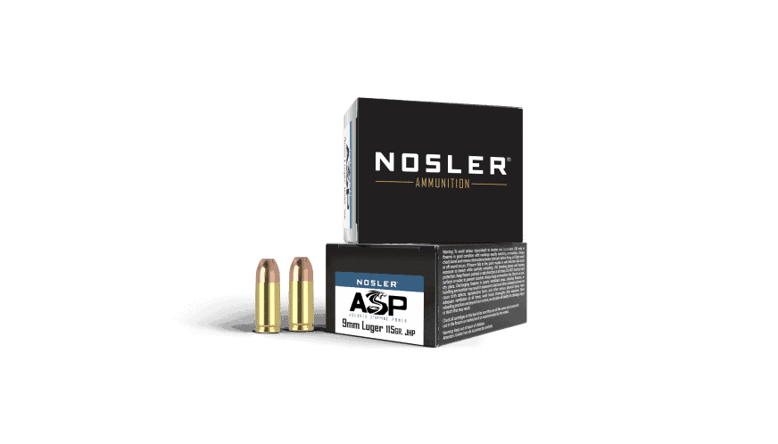 Featured image for “Nosler 9mm Luger 115gr JHP ASP Handgun Ammunition (20ct)”